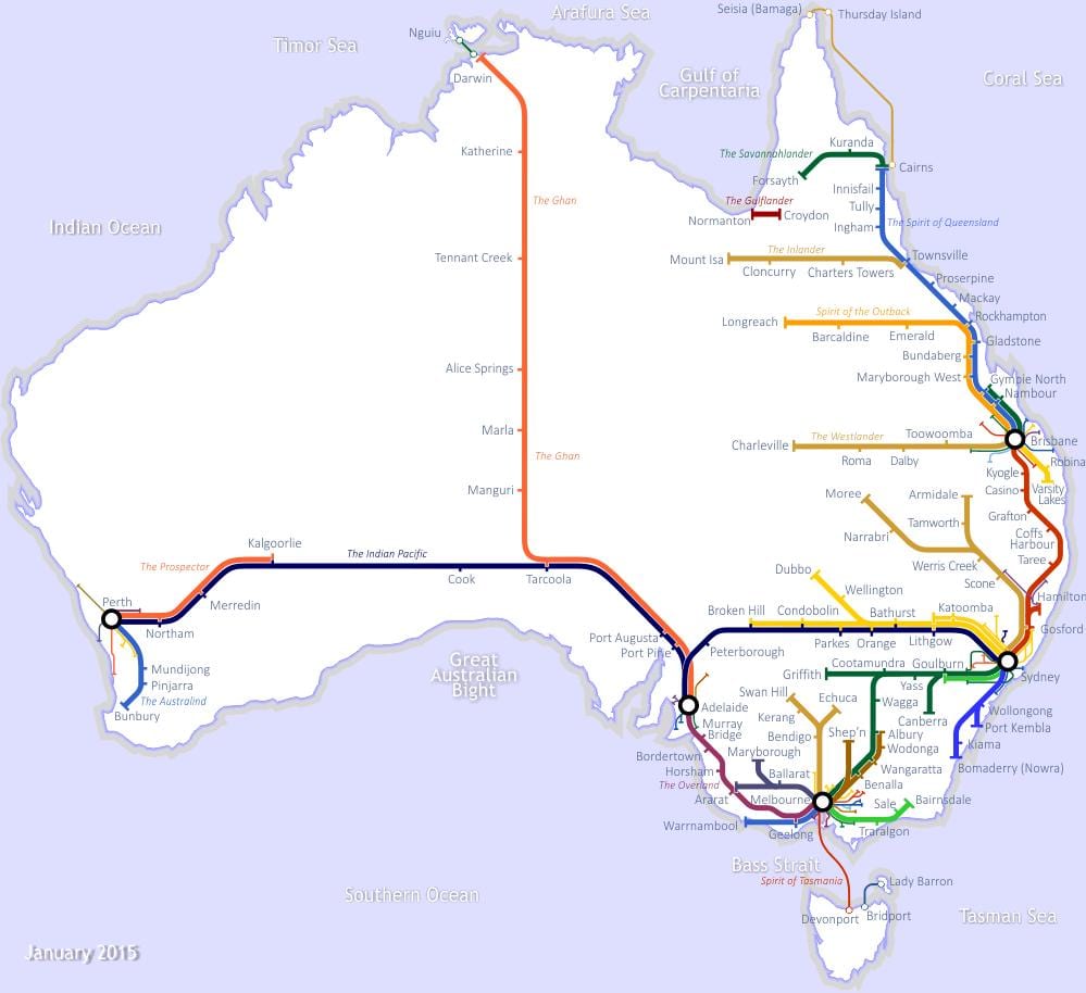 豪州の列車の地図